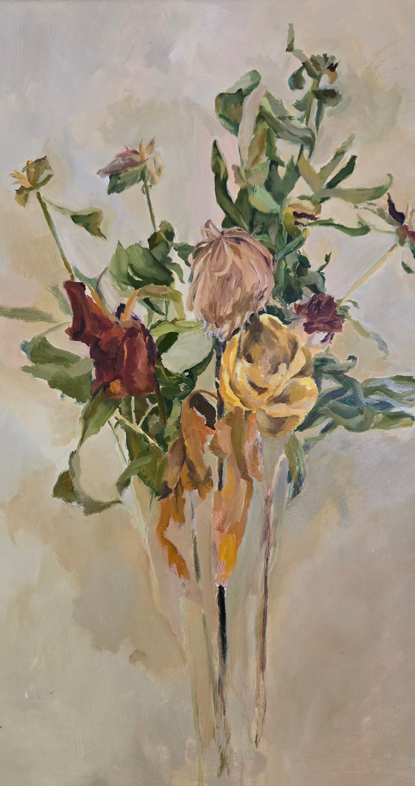 Acrylic on canvas painting of wilting roses and dried flowers against a soft beige background by Frances Grace