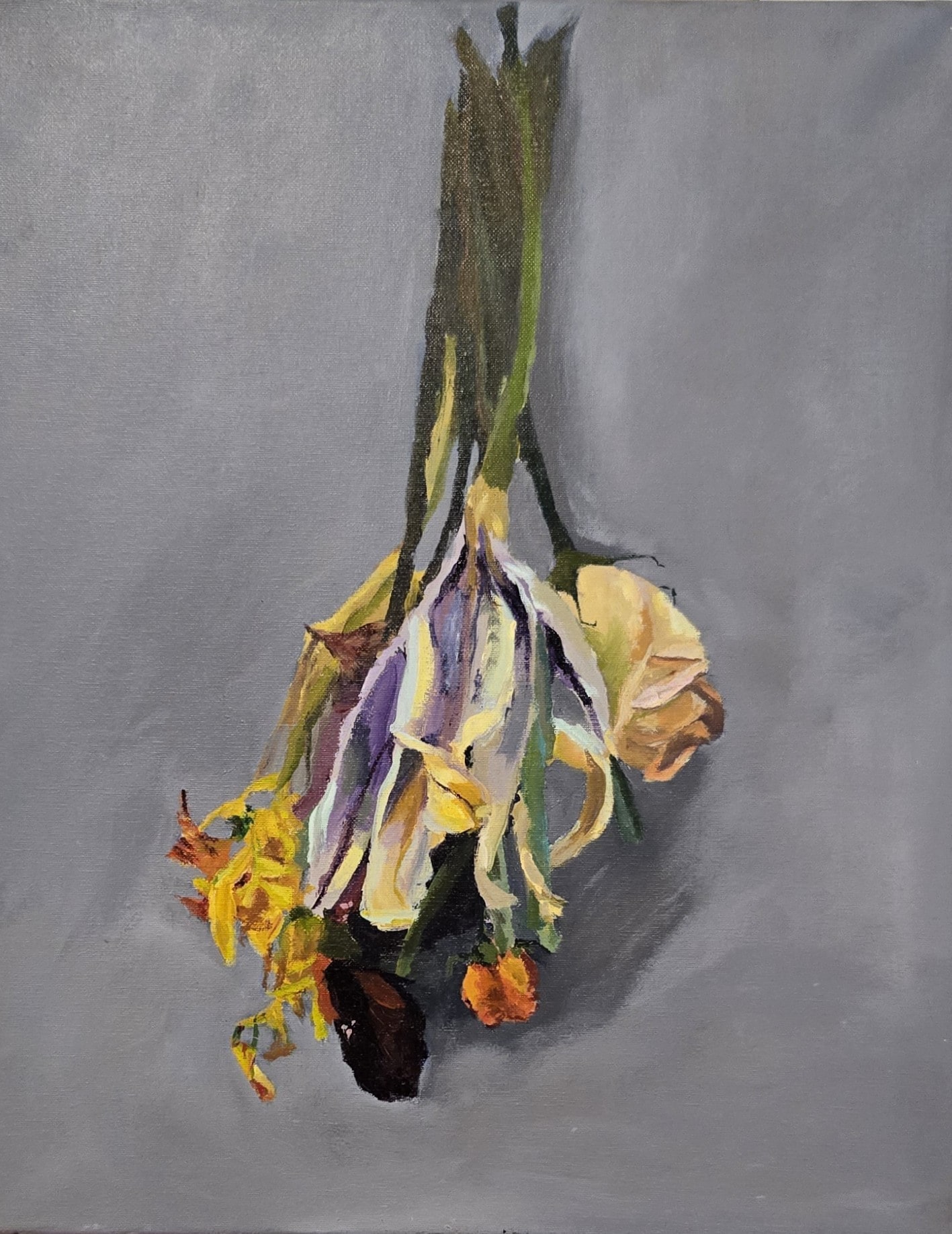 Acrylic on canvas painting of a wilted flower bouquet hanging against a gray background by Frances Grace