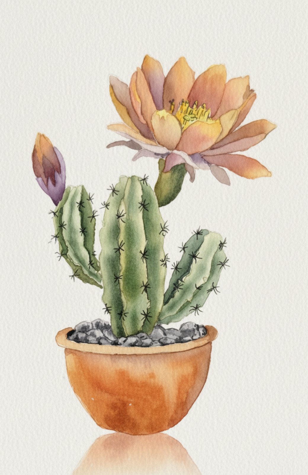 Watercolor of a potted cactus with a large peach bloom in a terracotta pot by Roxanne Langley