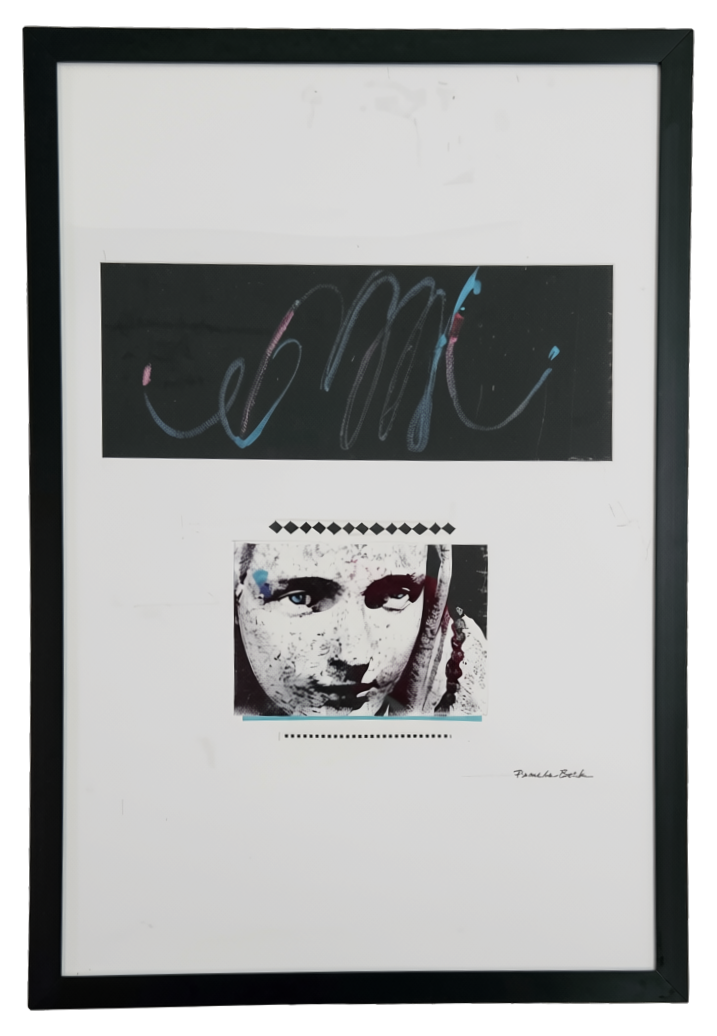 Mixed media collage with blue scribbles and a monochrome face image, framed, by Pam Beck