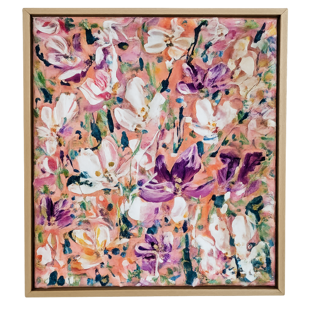 Impasto floral painting of white, pink and plum blossoms on a blush coral ground by Joanna Purvis