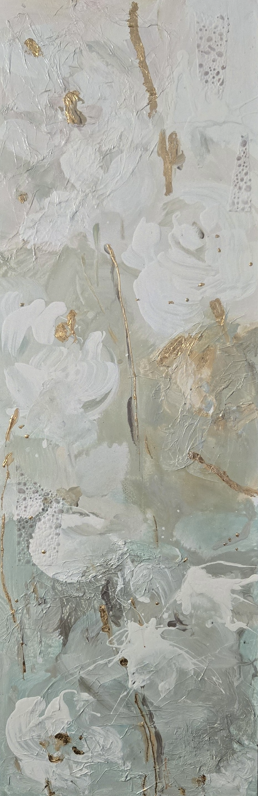 Tall abstract floral painting in soft sage and white with gold leaf accents, companion panel