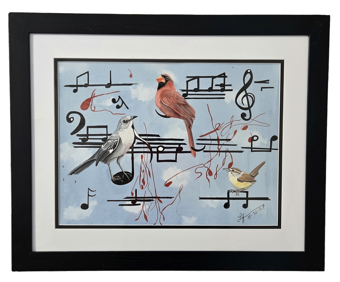 Watercolor of a cardinal, mockingbird and wren perched on musical notes by Lynda Feierabend