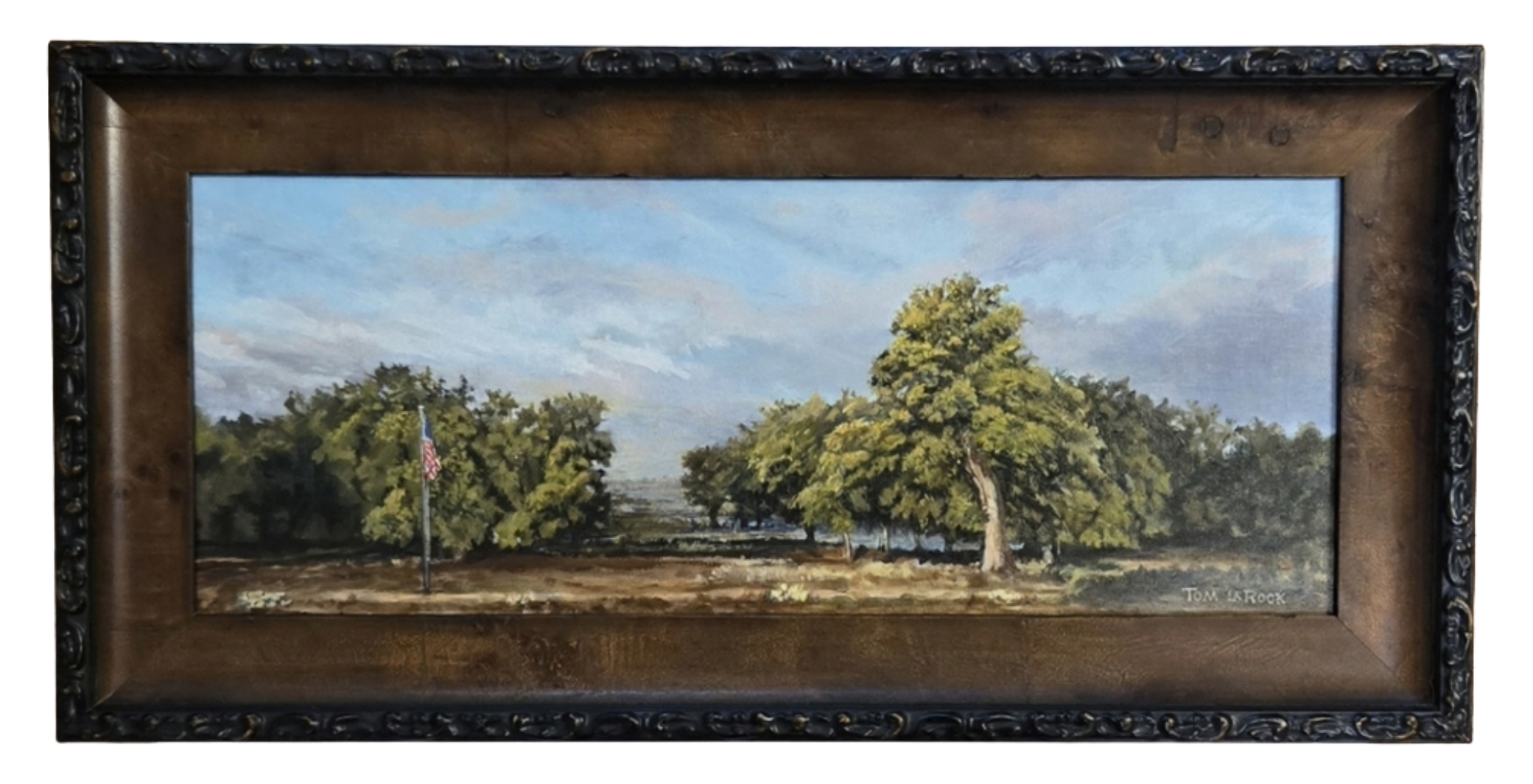 Panoramic oil painting of oak trees and an American flag at sunrise in Christoval by Tom LaRock