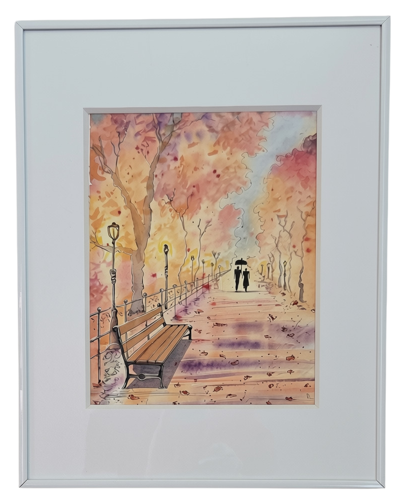 Framed watercolor of a couple under an umbrella on an autumn park path with a bench by Roxanne Langley