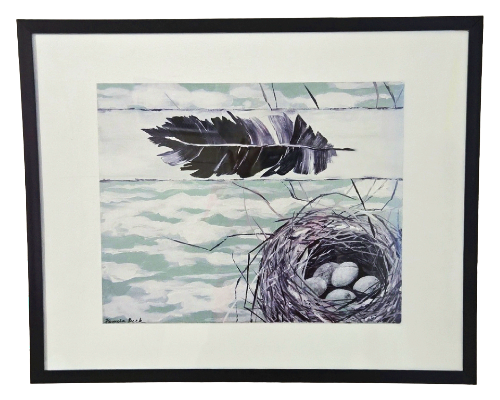 Painting of a dark feather above a nest of eggs on a soft gray-green sky by Pam Beck