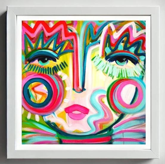 Fire & Flaire framed print by Windy OConnor: bold abstract woman's face with zigzag crown motifs in red, teal and pink