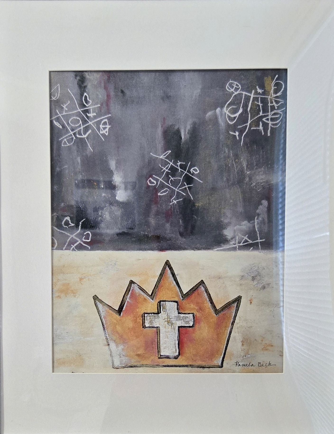 Mixed media painting of tic-tac-toe doodles above a crown and cross, framed, by Pam Beck