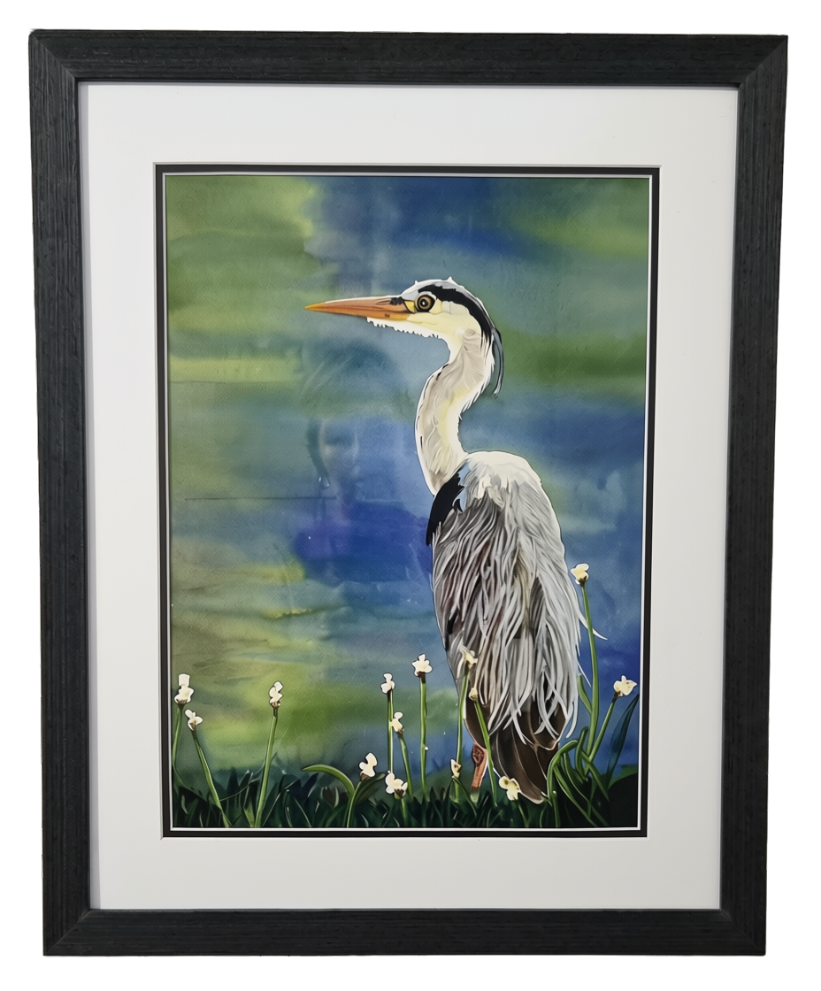 Watercolor of a great blue heron standing among white wildflowers by Lynda Feierabend