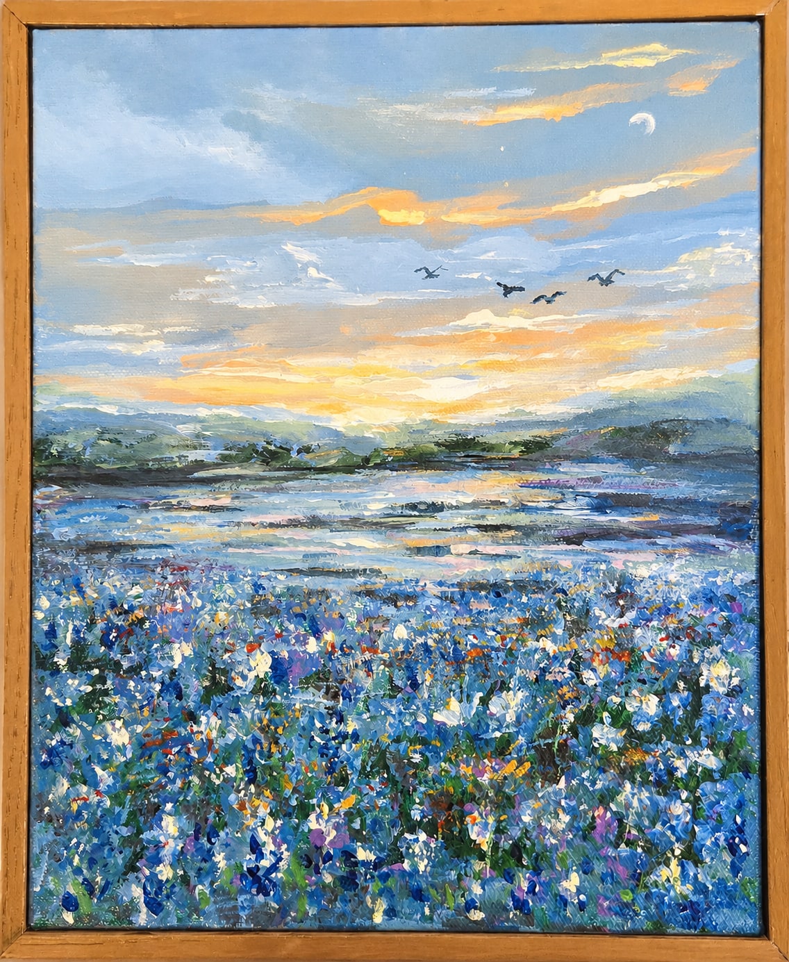 Acrylic painting of a Texas bluebonnet field at sunrise with birds and a crescent moon by Joanna Purvis