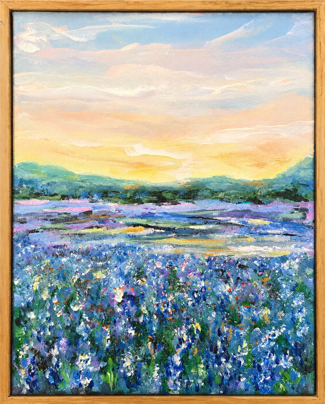 Acrylic painting of bluebonnets and lavender meadows glowing under a golden Hill Country sunset by Joanna Purvis