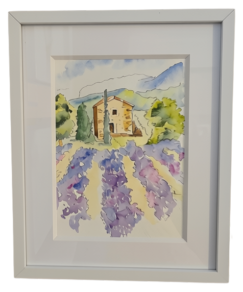 Framed watercolor of a Provence stone house with cypress trees and lavender rows by Roxanne Langley
