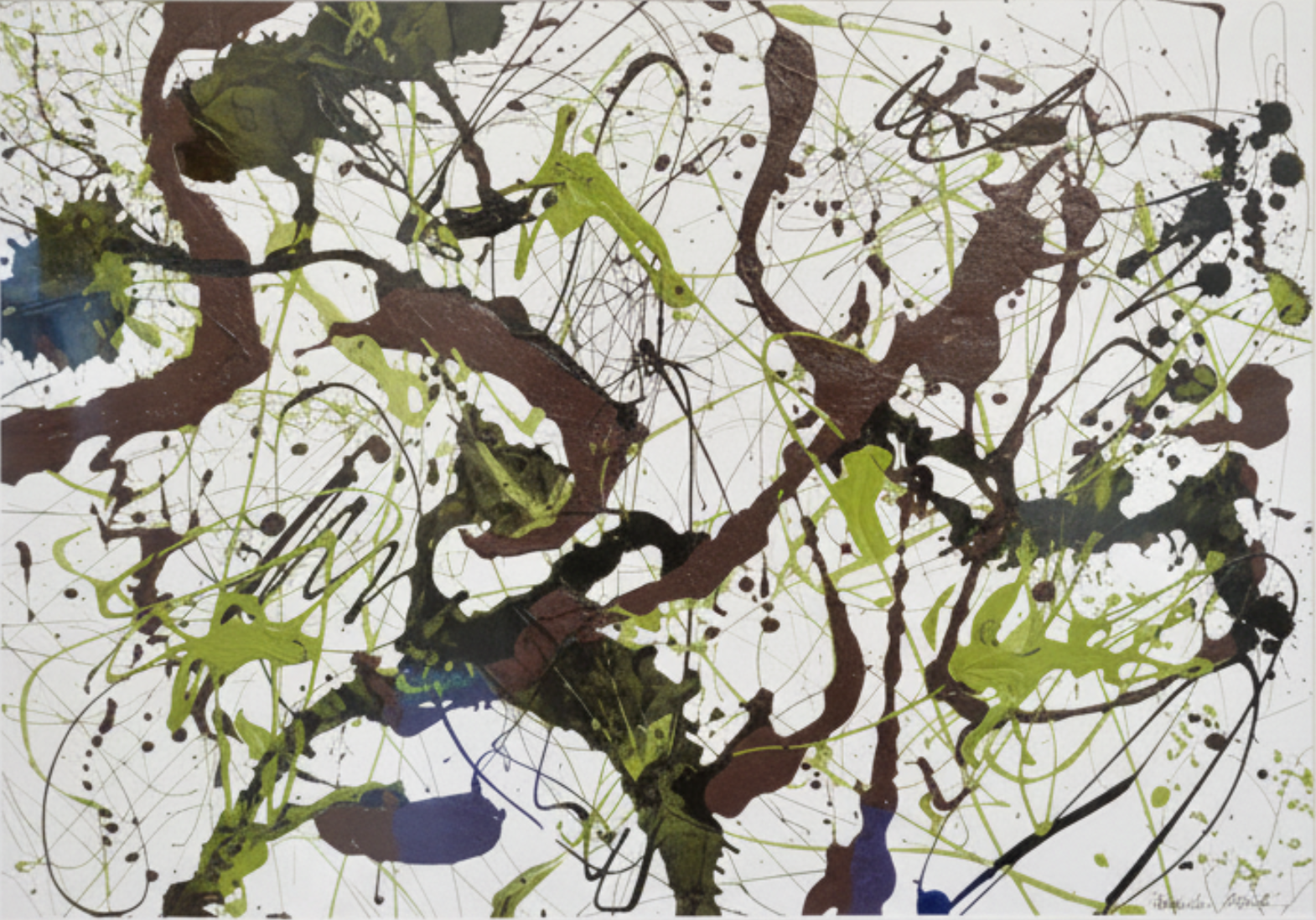 Abstract acrylic drip painting on paper in green, brown, and black, framed, by Pam Beck