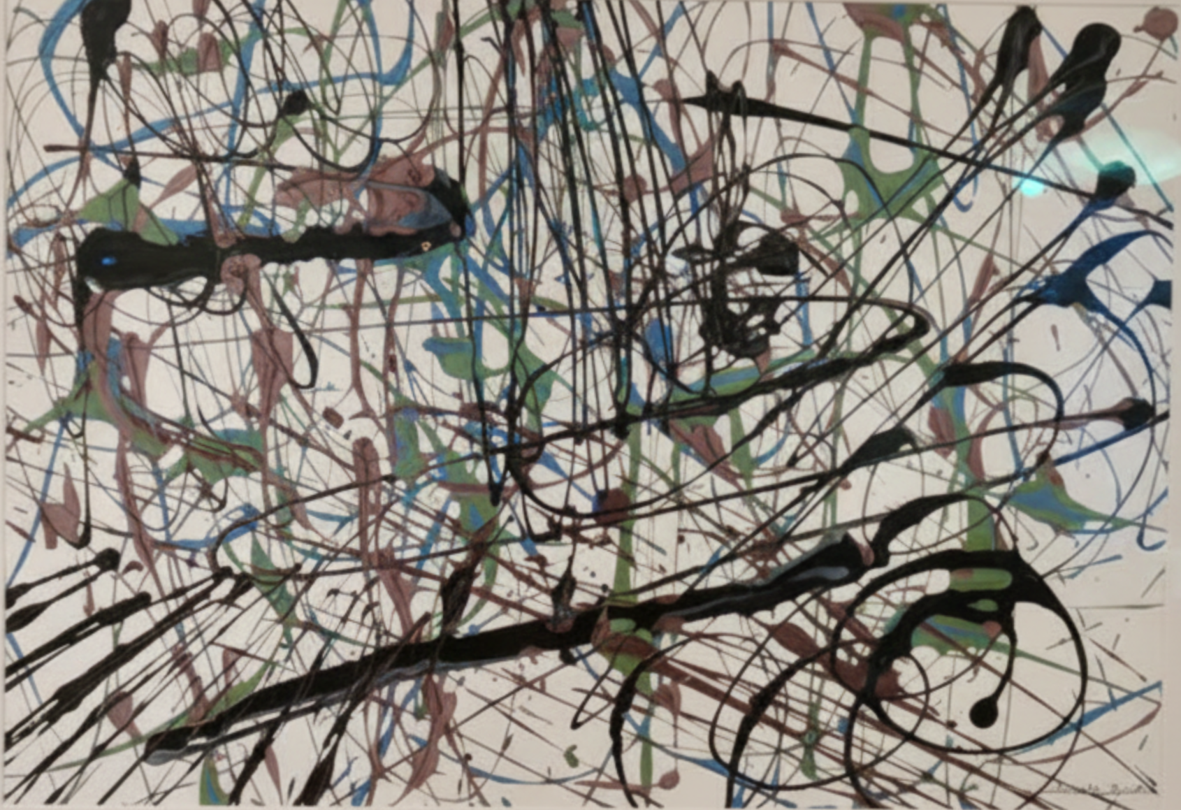 Abstract acrylic splatter painting on paper in black, blue, and green, framed, by Pam Beck