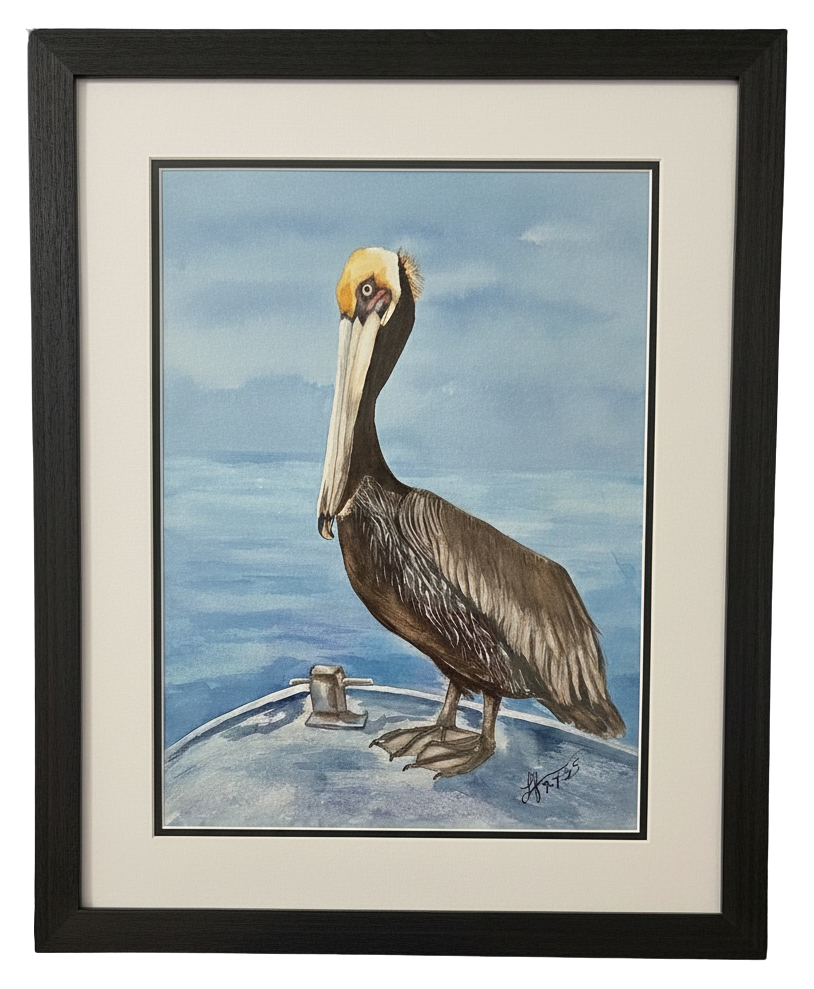 Watercolor of a brown pelican perched on a boat bow against blue sea and sky by Lynda Feierabend