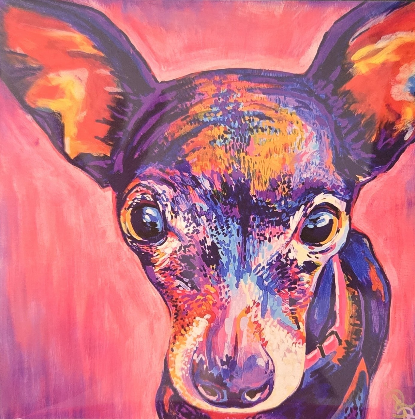 Colorful pop-art painting of a chihuahua's face in purples and oranges on a hot pink background by Jess Romney