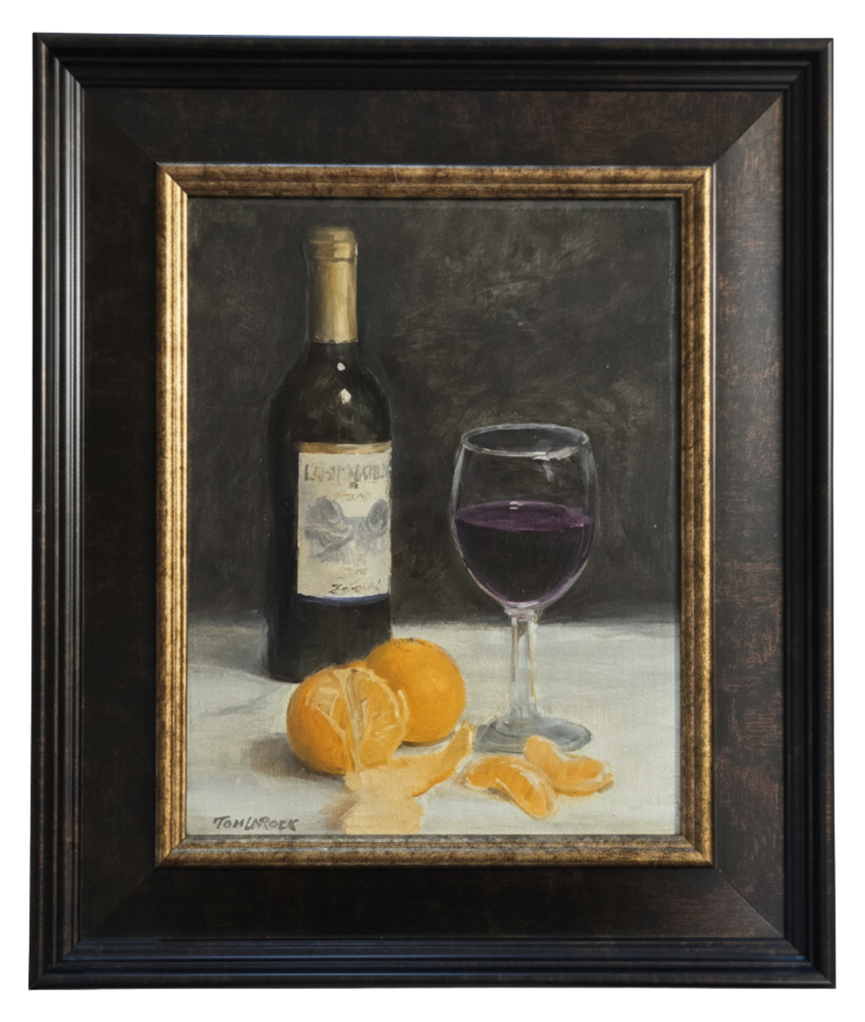 Oil still life of a wine bottle, glass of red wine and peeled mandarin oranges by Tom LaRock
