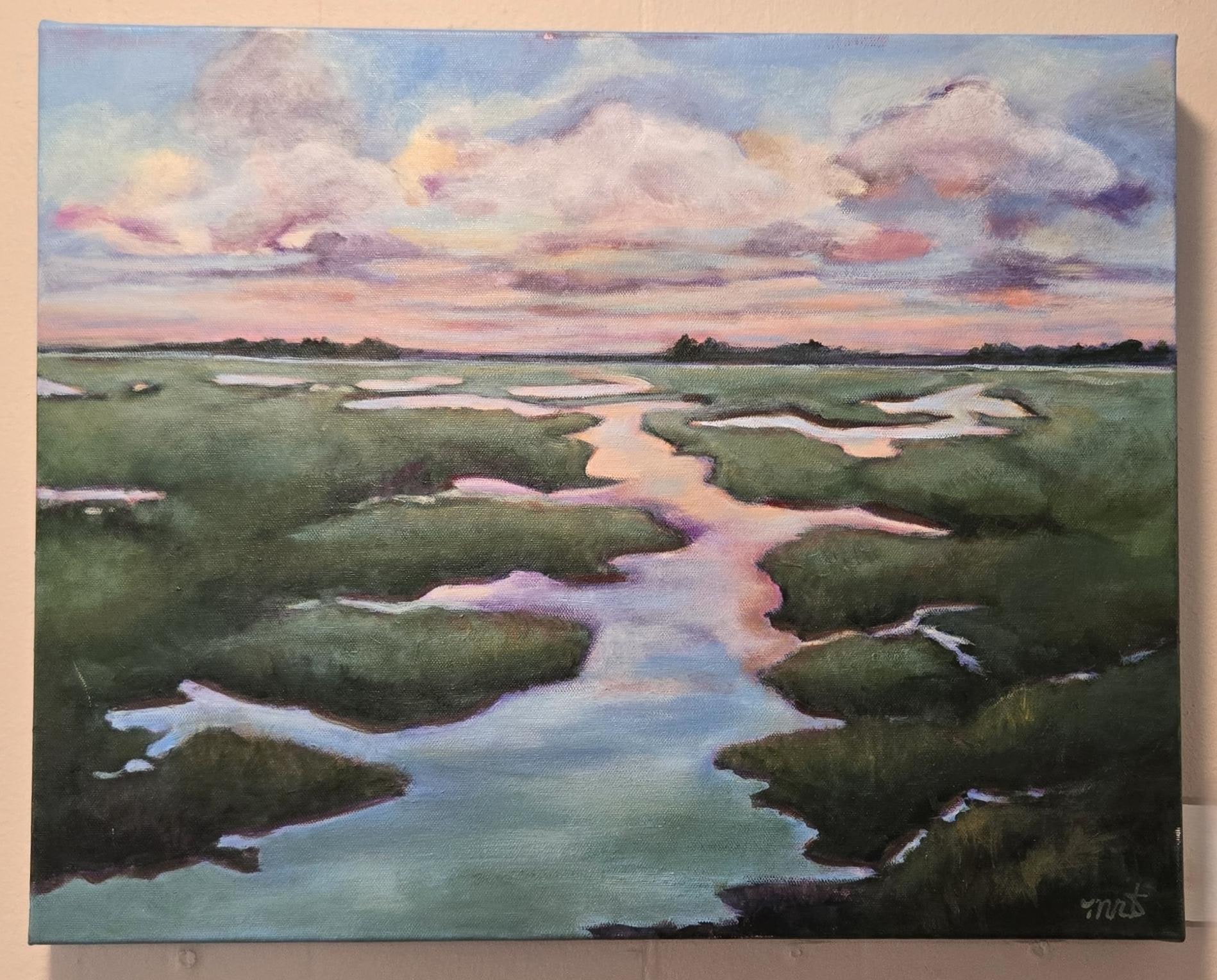 Acrylic painting of a tidal creek winding through green marsh under a pastel sunset sky by Melanie Toudouze