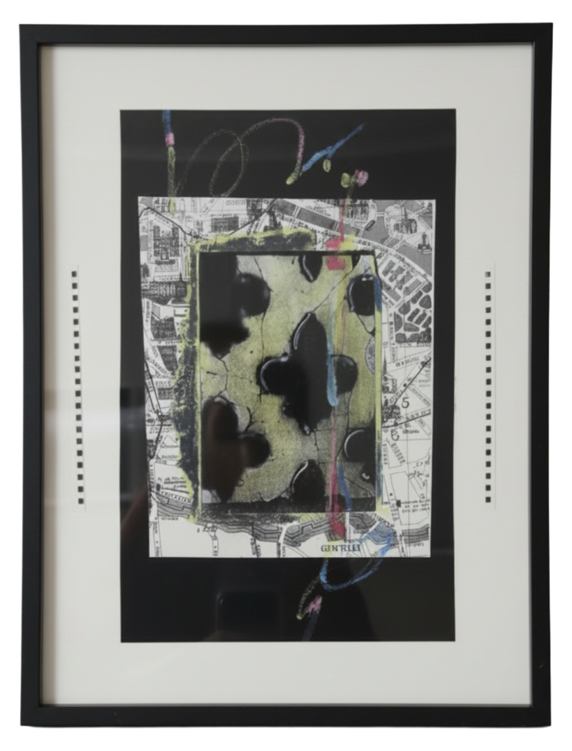 Mixed media collage of fleur-de-lis motifs over a Paris map, framed, by Pam Beck