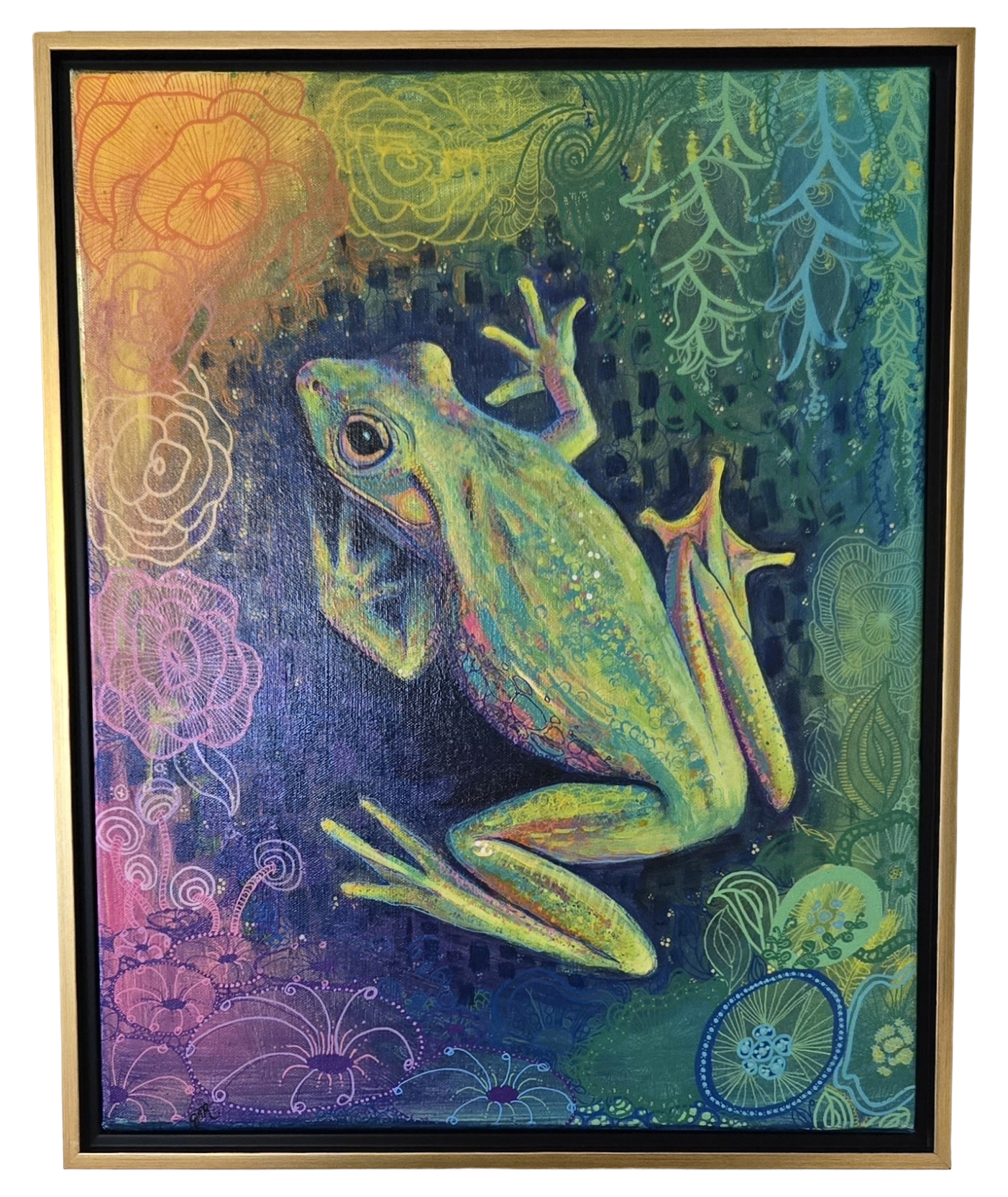 Acrylic painting of a green tree frog among rainbow floral line work, in a gold frame, by Jess Romney