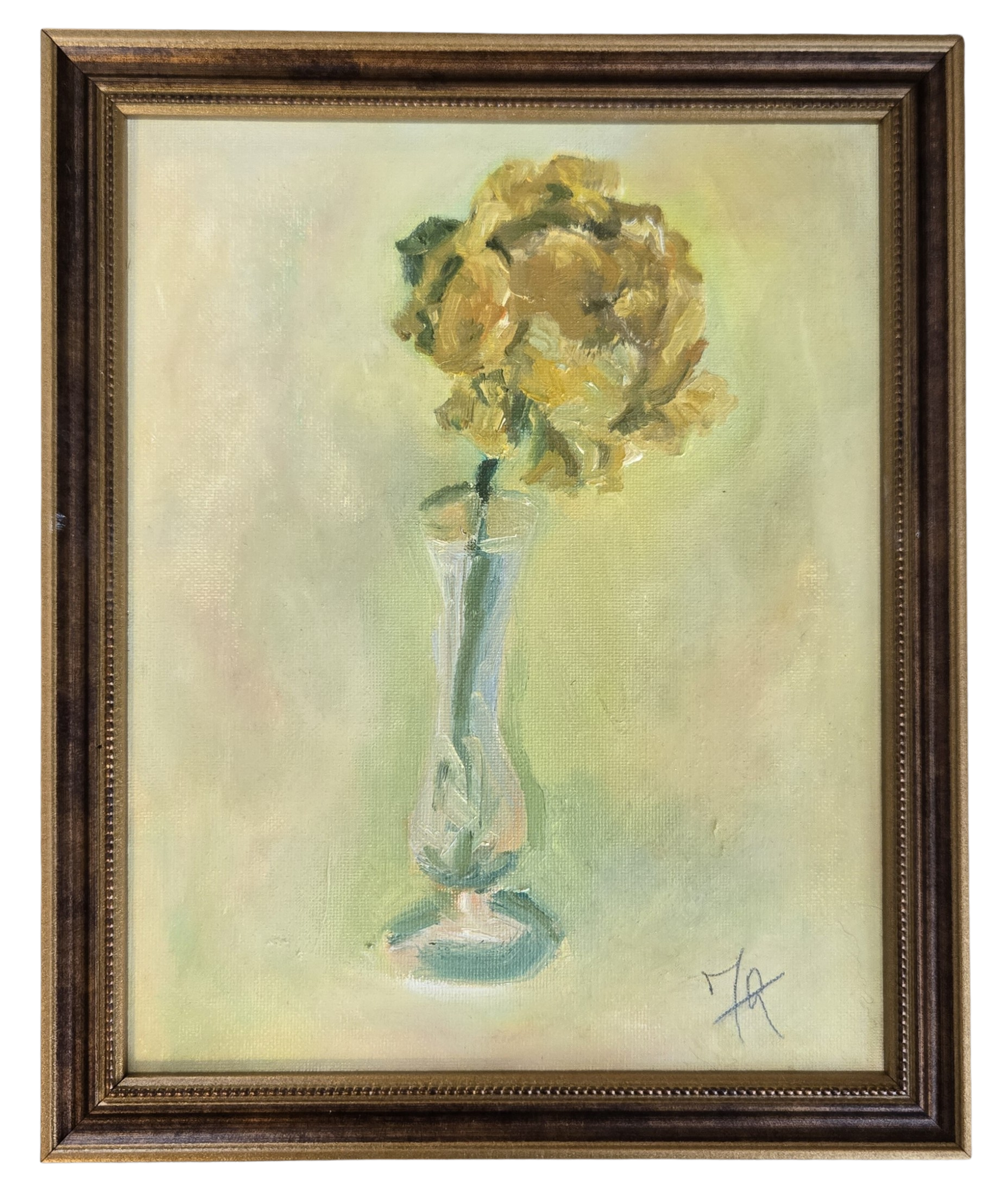 Oil painting of a single yellow peony in a glass vase, in a dark wood frame