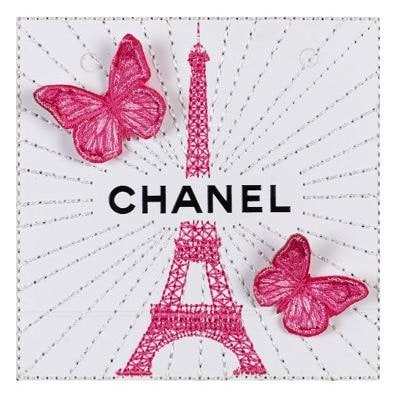 Pink embroidered Eiffel Tower with butterflies on white Chanel fabric, mixed media by Stephen Wilson