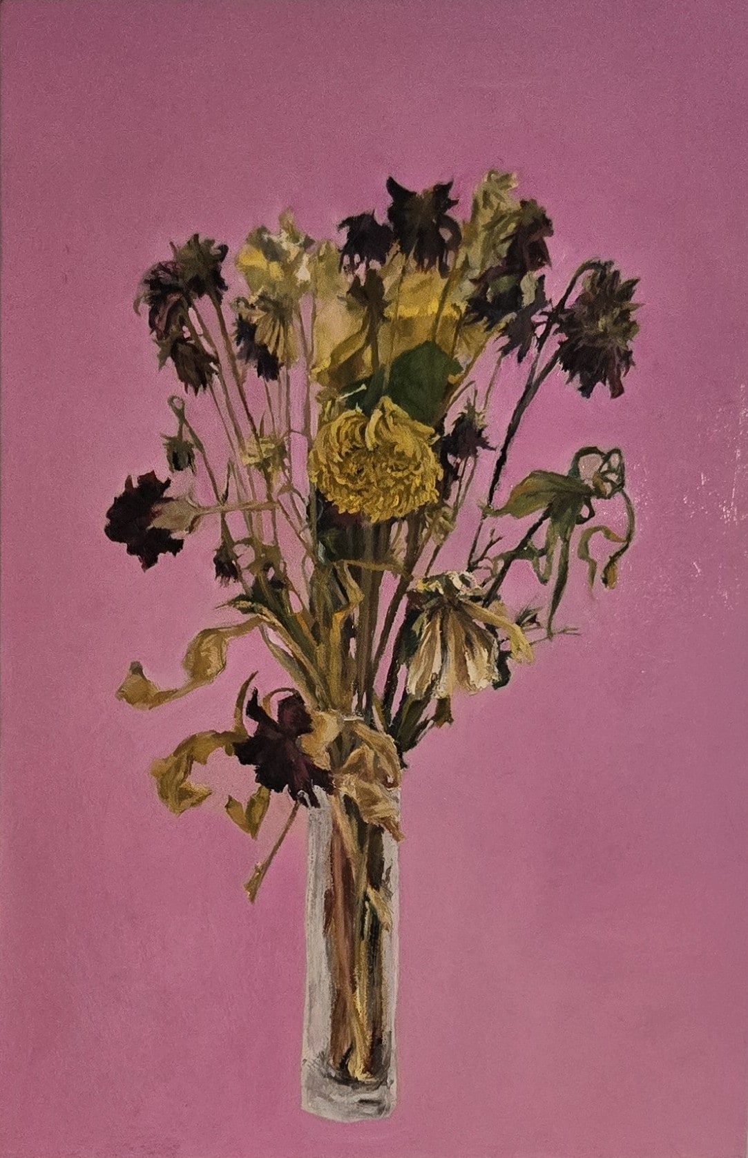 Acrylic on canvas painting of dried flowers in a glass vase against a bright pink background by Frances Grace