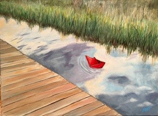 Acrylic painting of a red paper boat on reflective water beside a wooden boardwalk by Melanie Toudouze