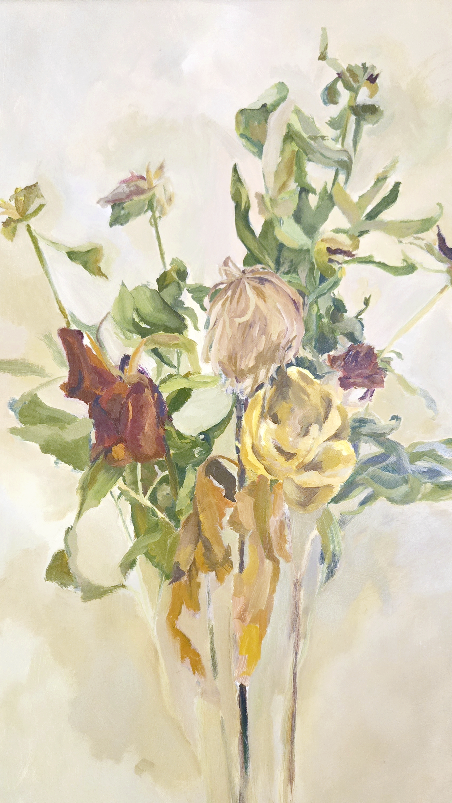 Acrylic on canvas painting of drooping pink roses in a glass vase on a pale yellow background by Frances Grace