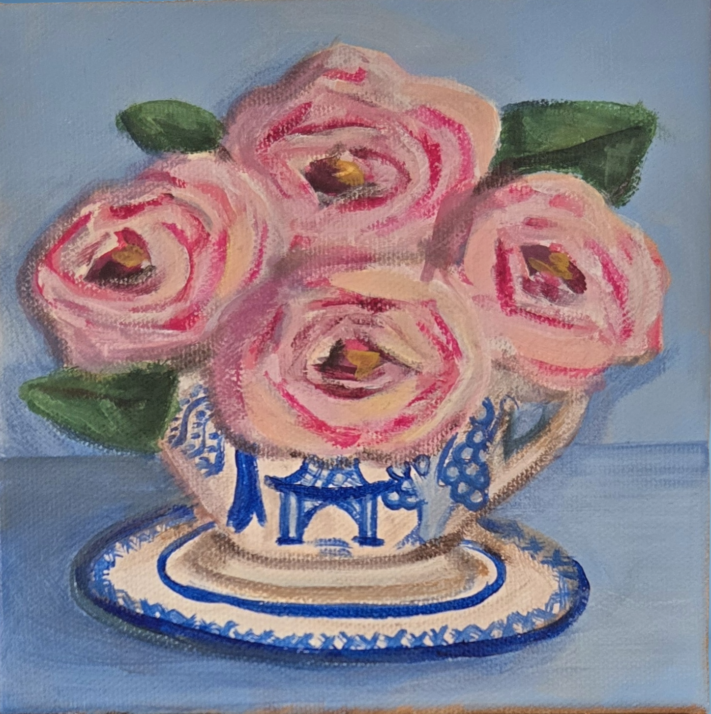 Acrylic painting of pink roses in a blue and white chinoiserie teacup by Melanie Toudouze
