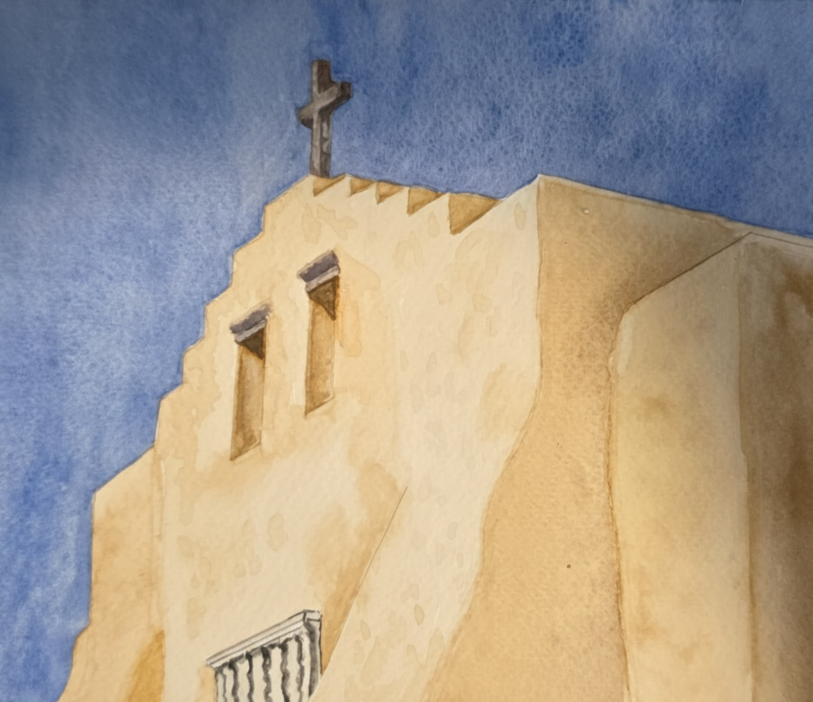 Watercolor of an adobe mission church with a wooden cross against a deep blue sky by Roxanne Langley