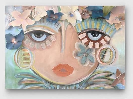 She Always Goes High canvas by Windy OConnor: abstract woman's face crowned with flowers in soft blues and peach tones
