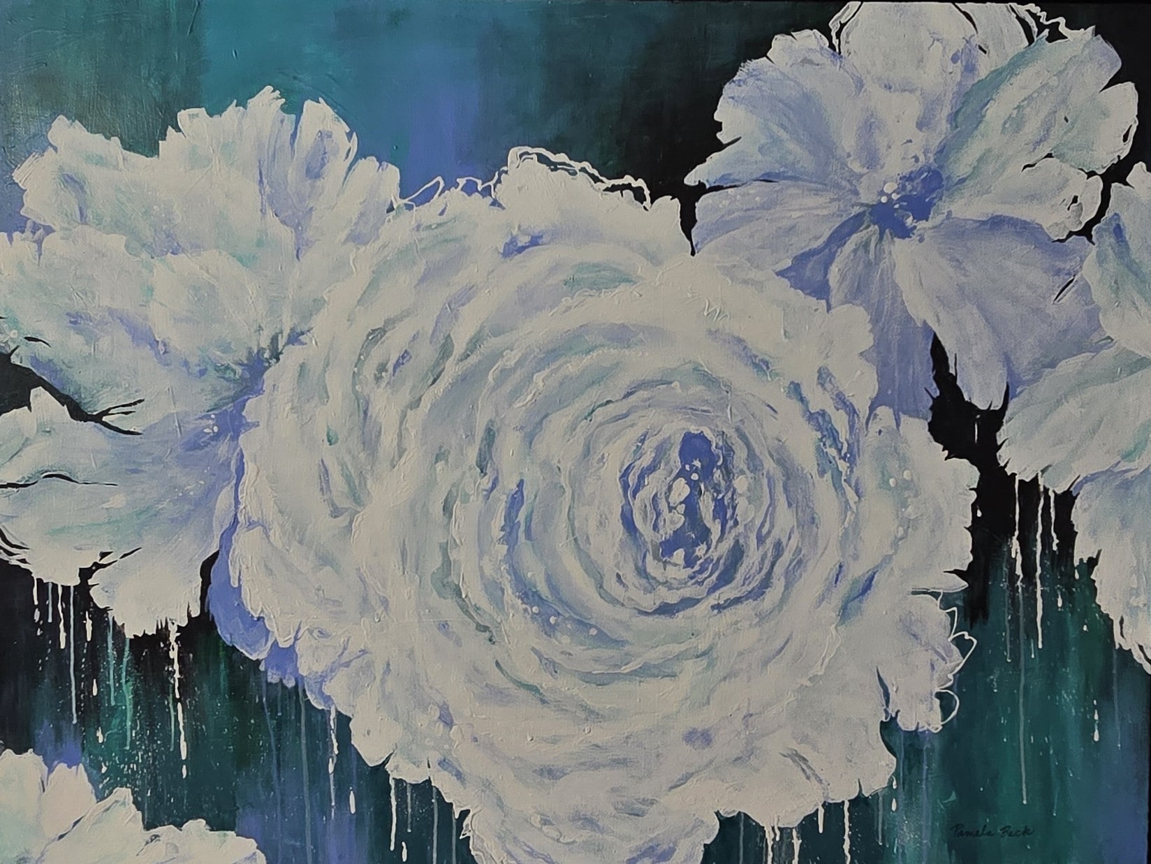 Acrylic painting of large white and blue blooms on a dripping teal background by Pam Beck