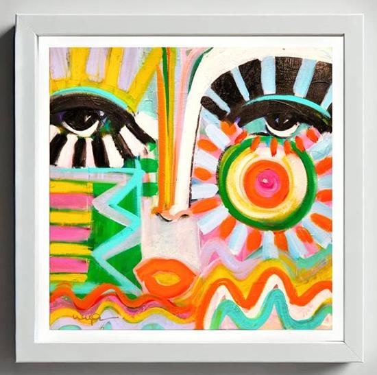 She Can Dance framed print by Windy OConnor: abstract face with striped lashes and a sunburst cheek in orange and green