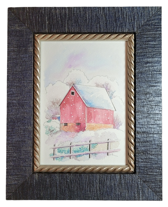 Watercolor of a red barn in falling snow behind a wooden fence, in a rustic dark frame, by Roxanne Langley