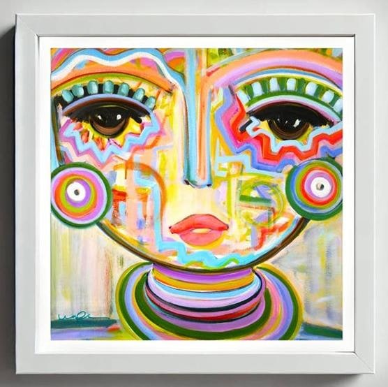 Steele Magnolia framed print by Windy OConnor: colorful abstract woman's face with dark eyes and circular earrings