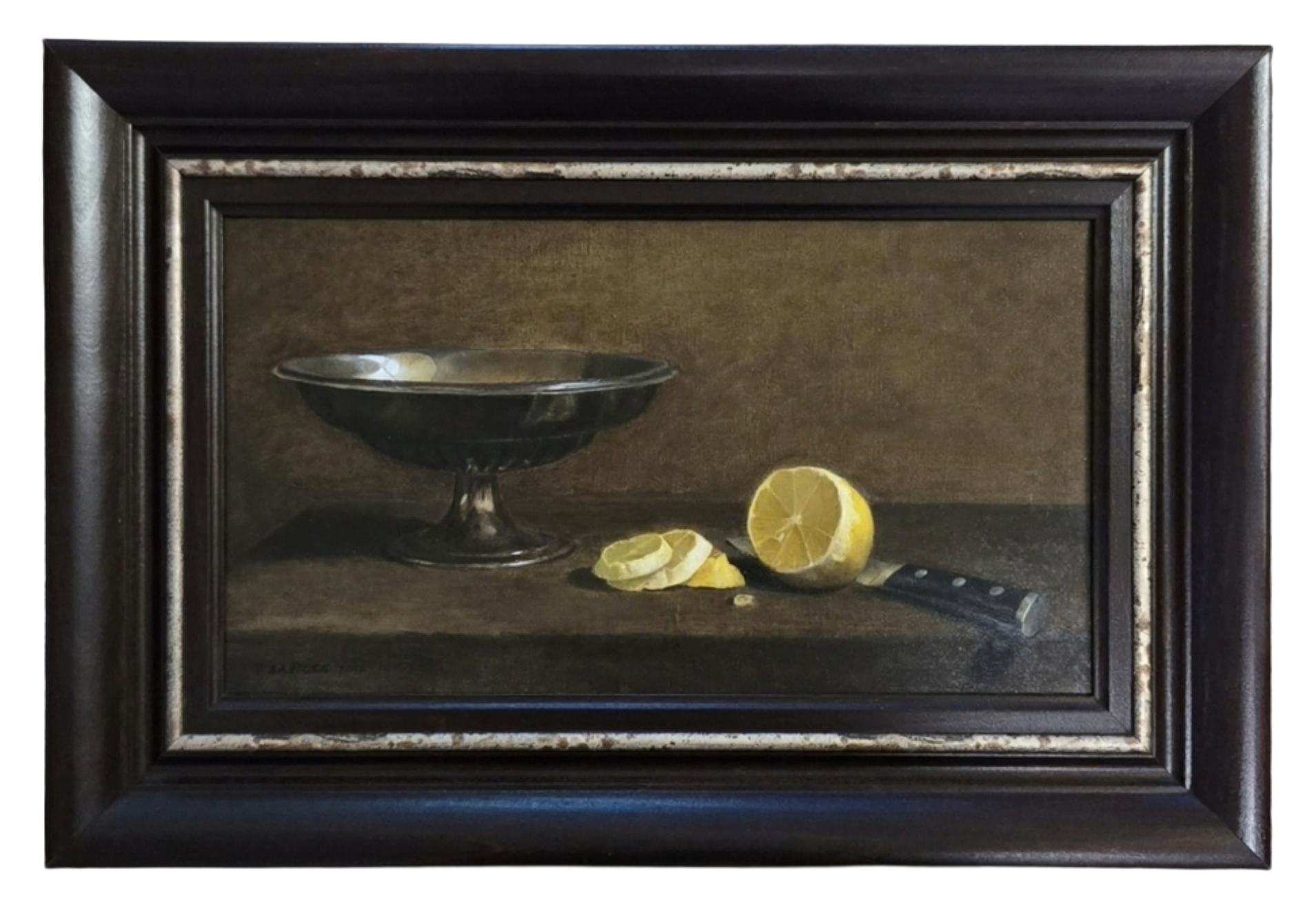 Oil on linen still life of a silver pedestal bowl, sliced lemon and knife by Tom LaRock