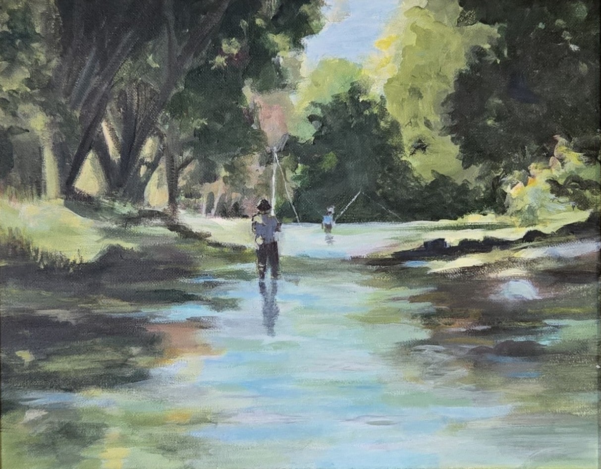 Acrylic painting of fly fishermen wading in a sunlit tree-lined river by Melanie Toudouze
