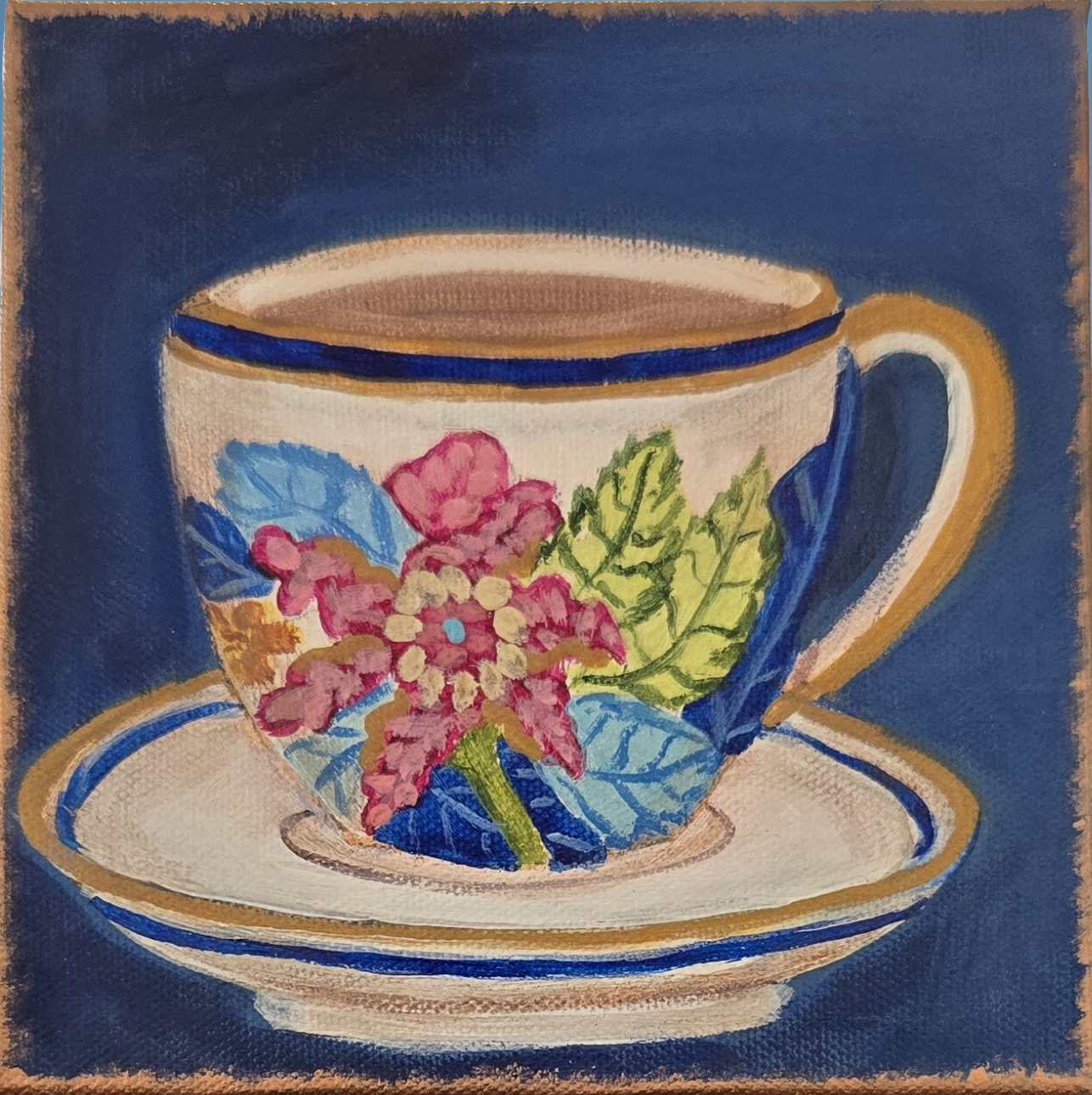Acrylic painting of a floral-patterned teacup of tea on a saucer against a deep blue background by Melanie Toudouze