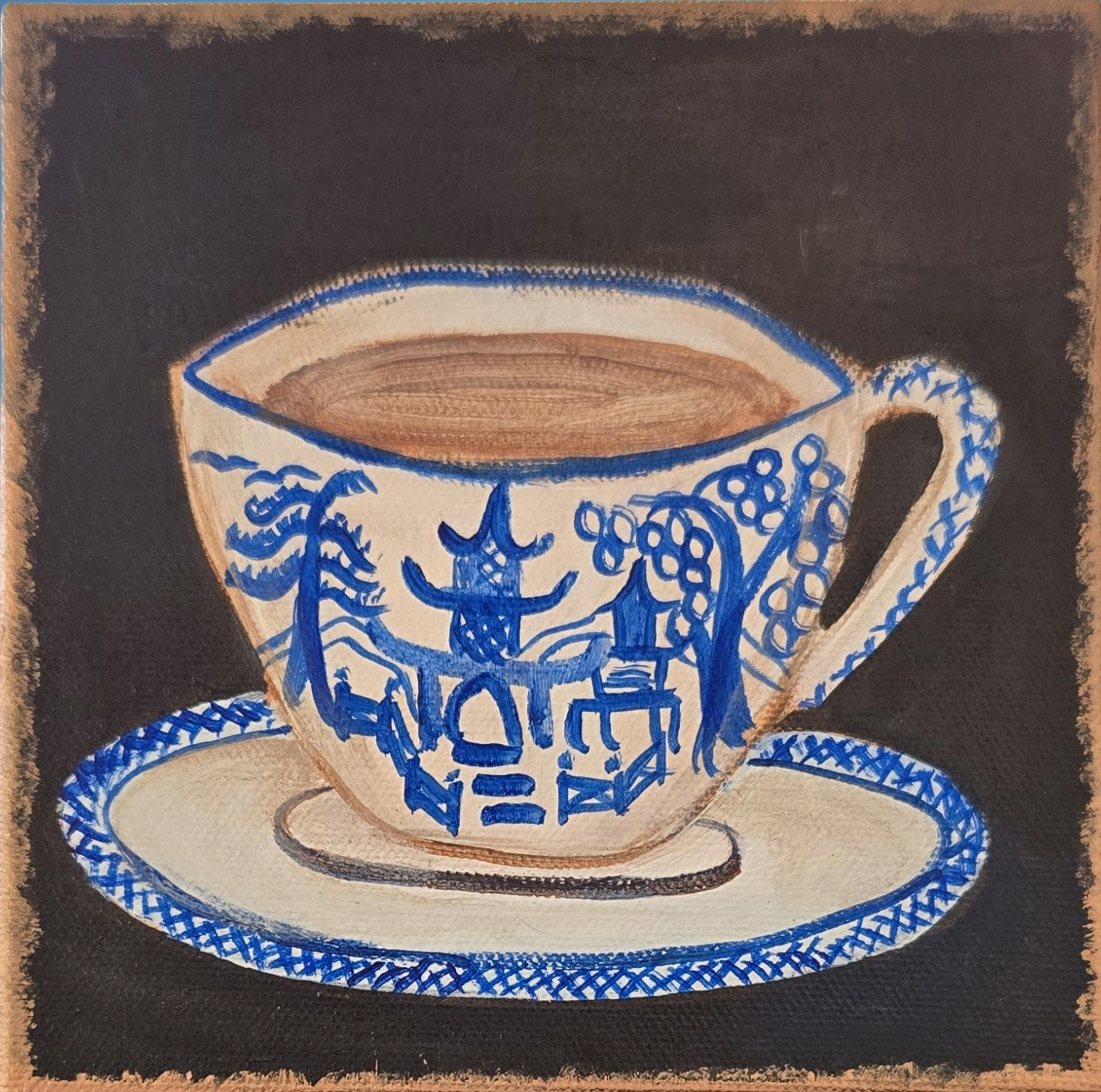 Acrylic painting of a blue willow teacup of tea on a saucer against a dark background by Melanie Toudouze