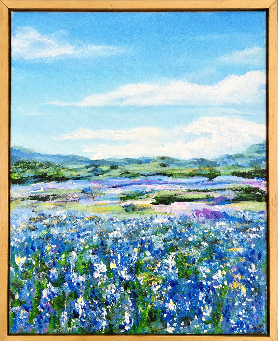 Acrylic painting of a bluebonnet field under a bright blue midday sky by Joanna Purvis
