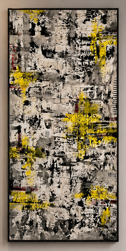 United, a tall black, white, and yellow layered abstract on canvas by Kayce Bae