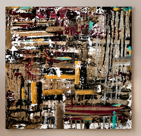 Untitled square abstract in layered earth tones, burgundy, and gold by Kayce Bae
