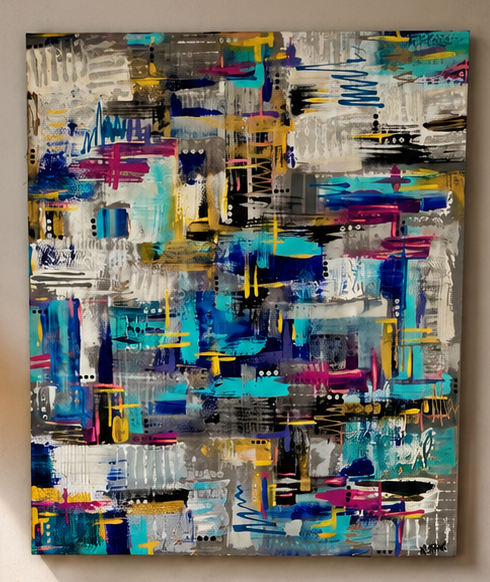 Untitled abstract in vivid blues, teals, magenta, and gold by Kayce Bae