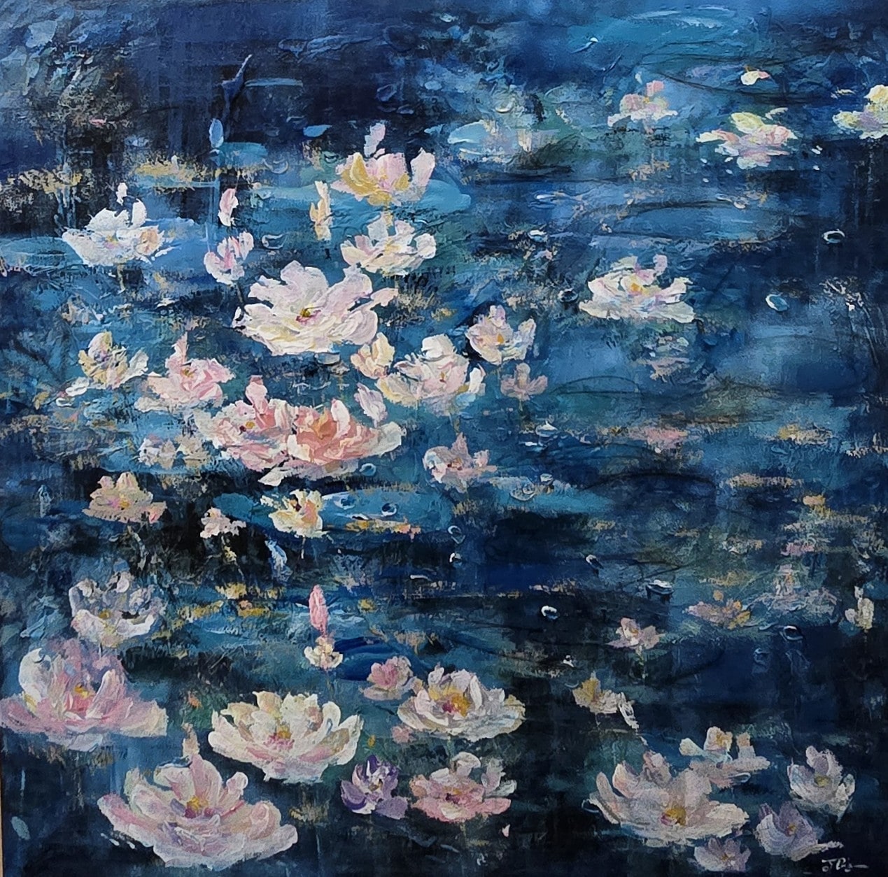 Acrylic painting of pink and white waterlilies floating on deep blue water by Joanna Purvis