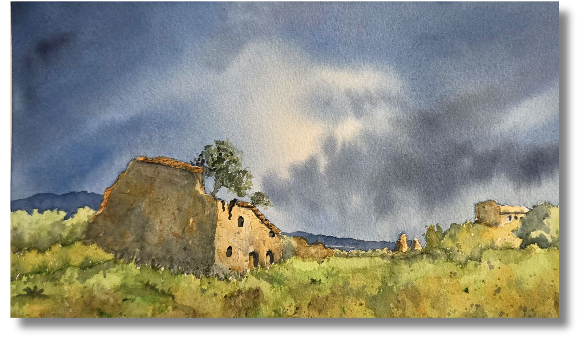 Watercolor of a ruined stone farmhouse under a dramatic storm sky by Roxanne Langley